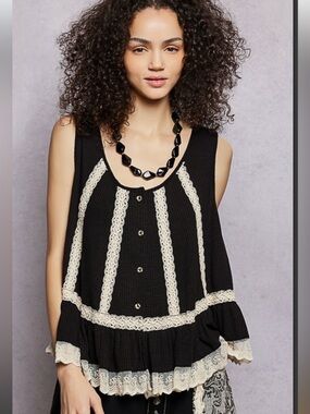POL Black Tank Top with Cream Lace Trim